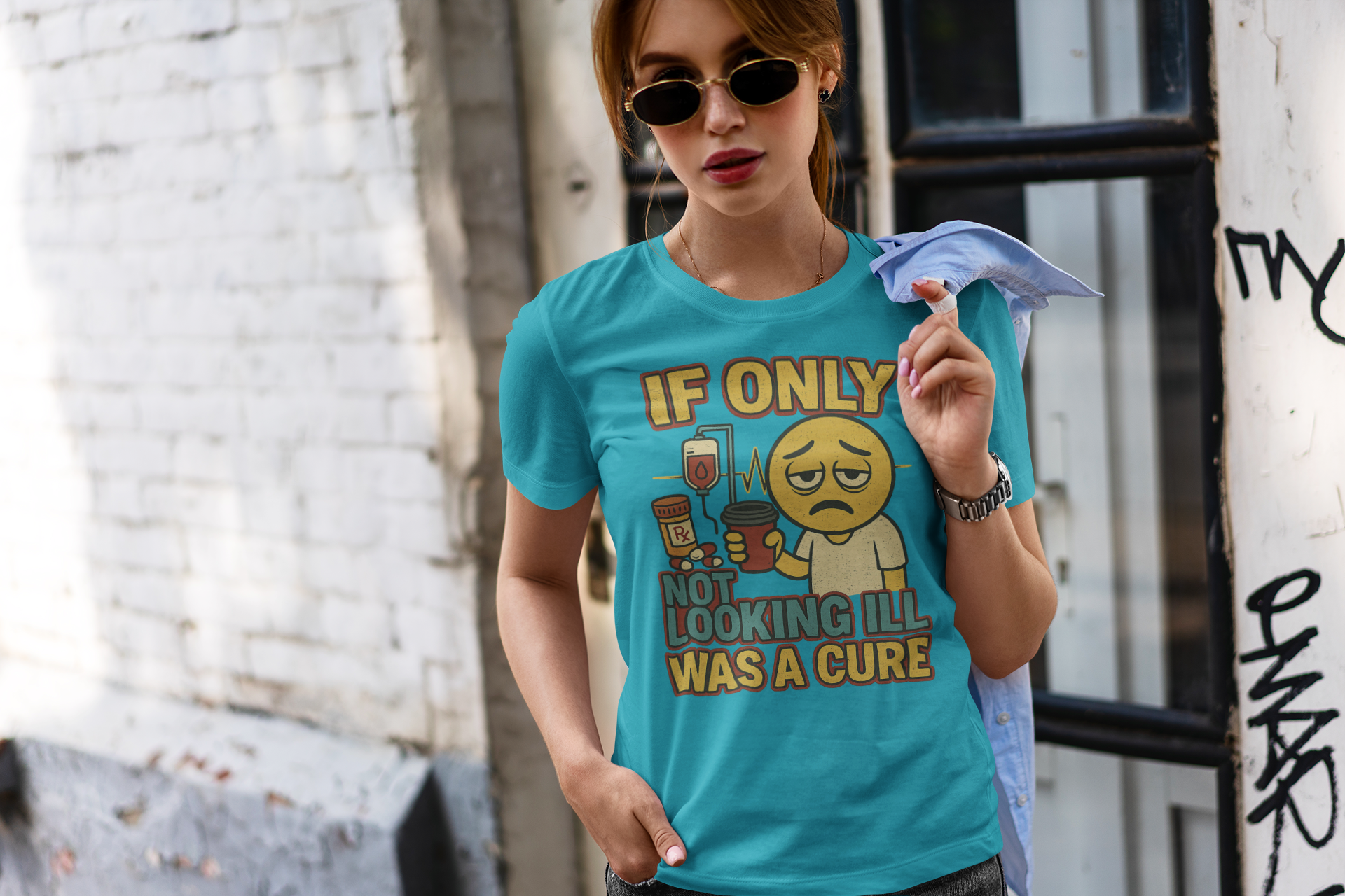 Person wearing a blue t-shirt with a graphic and text, standing against an urban background.